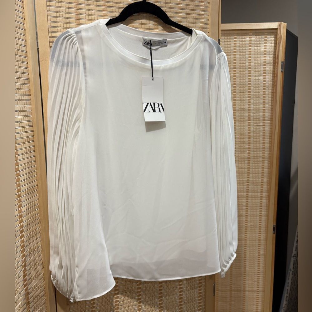 Zara White Blouse with Pleated Sleeves